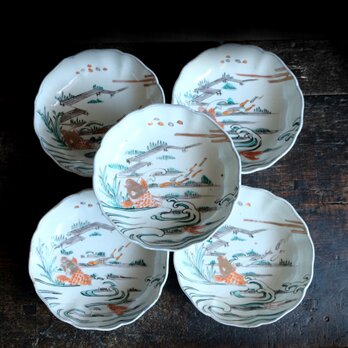【サマー特価¥2200→¥1000】池に鯉◆空に千鳥。伊万里　色絵金彩膾皿5客セット　骨董/antiques 明治期【傷有り】