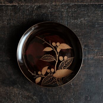 素敵な色味◆枝木と実　漆芸蒔絵中皿　漆器　骨董/antiques 古民家　時代物　明治時代　i4