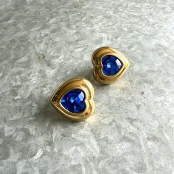 YA183-【 AVON 】エイボン・ヴィンテージイヤリング Blue Cut Glass Gold Tone Heartの画像