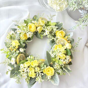 レモンとグリーンの爽やかリース（BOXつき）／アーティフィシャルフラワー／