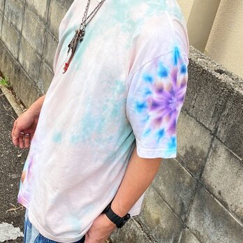 タイダイ ビッグシルエット Tシャツ XLサイズ　曼荼羅 ブルー×ベージュ Hippies Dye HD24-51
