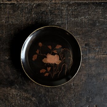 耽美で素敵◆岩場に花。時代物　花文漆芸蒔絵中皿　古漆器　骨董/antiques 古民家　明治時代　i4