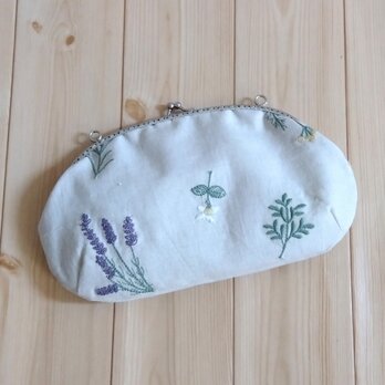 草花刺繍　大きめがま口ポーチ　通帳ケース　20cm口金　亜麻色　334