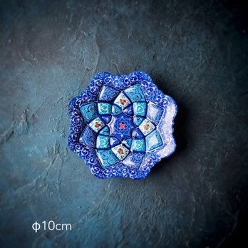 ペルシャのエナメル皿（ミーナーカーリー）飾り皿　アクセサリートレイ　香皿　Φ10ｃｍ【010-040】の画像