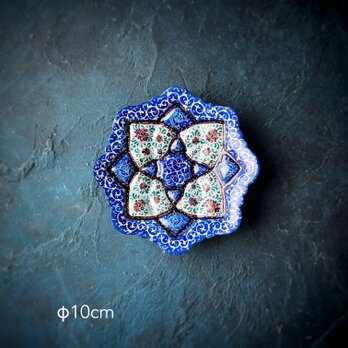 ペルシャのエナメル皿（ミーナーカーリー）飾り皿　アクセサリートレイ　香皿　Φ10ｃｍ【010-041】の画像