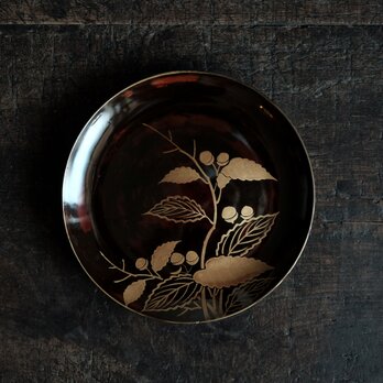 素敵な色味◆枝木と実　漆芸蒔絵中皿　漆器　骨董/antiques 古民家　時代物　明治時代　i7