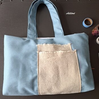 【sale】【デニム】トートバッグ：スカイブルー：リネンWポケット【0847】