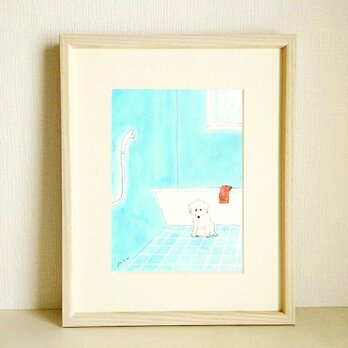 【セミオーダーOKな作品です】犬の絵｜原画「シャワーの日」 ※木製額縁入り（インチサイズ）