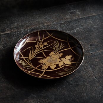 芍薬と菖蒲◆漆芸蒔絵中皿　古漆器　骨董/antiques 古民家　古道具　時代物　明治時代　