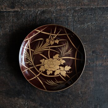 芍薬と菖蒲◆時代物　漆芸蒔絵中皿　古漆器　骨董/antiques 古民家　古道具　時代物　明治時代【スレ傷多め】
