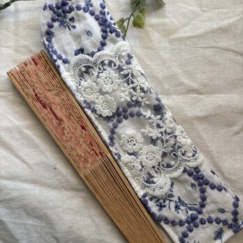 ★ハンドメイド★ ★★ リネンサークル刺繍小花レース刺繍扇子ケース★箸入れ★箸袋★