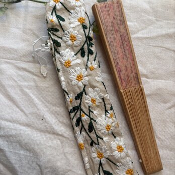 ★ハンドメイド★ ★★ リネンマーガレット刺繍扇子ケース★箸入れ★箸袋★