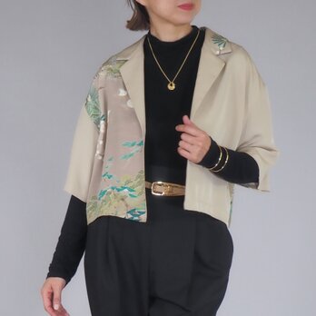 着物リメイク クロップドシャツ ジャケット  ベージュ 天の橋立 オープンカラー テーラー襟 五分丈