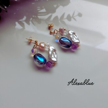 Luna Cascade｜淡水パール × スーパーセブン × 水晶 フープピアス ｜サージカルステンレス金具 アレルギー対応