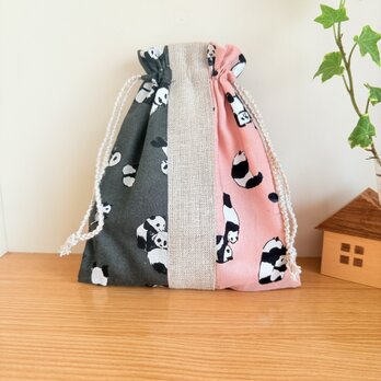 パンダの巾着袋（ピンクグレー）