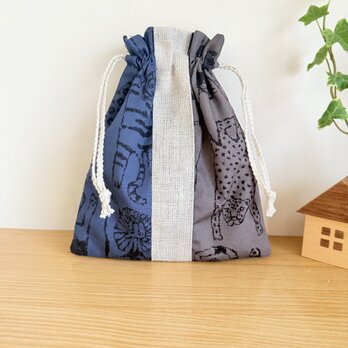 ネコトラライオンの巾着袋（ブルーグレー）