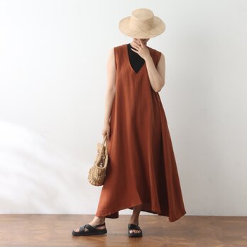 全25色から　リネン100％　Vネック　ロングワンピース ♪丈詰め無料♪オーダーサイズ可