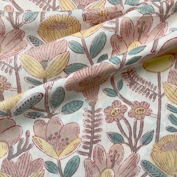 インド ブロックプリント生地 [50cm単位] Sanganeri 花畑 ピンクXホワイト地 PPフラワー IF0322