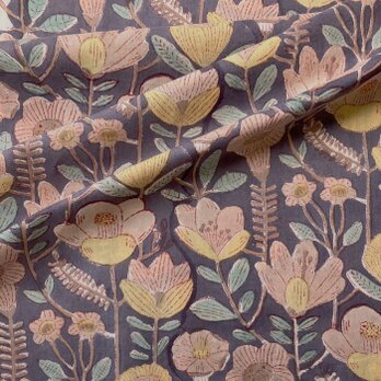 インド ブロックプリント生地 [50cm単位] Sanganeri 花畑 ピンクXパープル地 PPフラワー IF0324