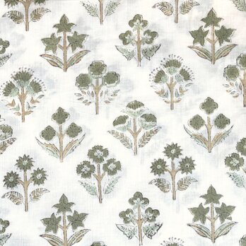 インド ブロックプリント生地 [50cm単位] Sanganeri ムガール フラワー グリーンXグリーン PP 花IF0317