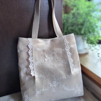 リネン刺繍生地*レース*タックバッグ*薔薇