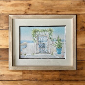 エーゲ海の休日(透明水彩、原画、ギリシャ、サントリーニ島、風景画、額付き)