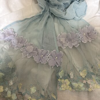 ハンドメイドWガーゼストールパステルグリーン花チュールレースグリーン