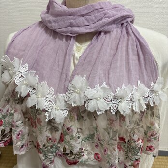 ハンドメイドWガーゼストールくすみパープル花チュールレースピンク花白レース