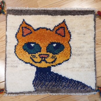ペルシャギャッベ　ミニマット　横39.5x37cm　猫　オレンジ　T5837