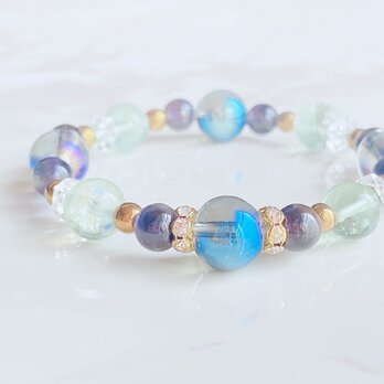人生を正しい方向へ引き寄せる アクアオーラ フローライト アイオライト パワーストーンブレスレット No282