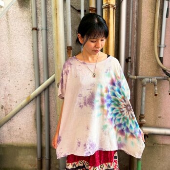 タイダイ 新型ブラウス 幻想的な曼荼羅模様 パープルグレイ ムラ染め Hippies Dye最新作 HD24-65