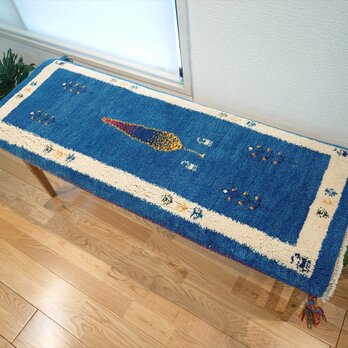ペルシャ　ギャッベ ミニランナー　ラグ　120x44㎝　青色　糸杉　RJ15184