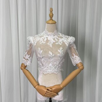 上品！ボレロ ハイネック リーフ刺繍 くるみボタン 半袖 結婚式/披露宴