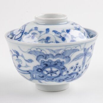 古伊万里 染付 線描き唐草文 蓋茶碗 江戸後期