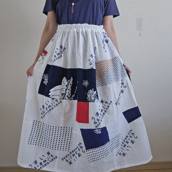 着物リメイク　手作り　白　手ぬぐい　パッチワーク　スカート