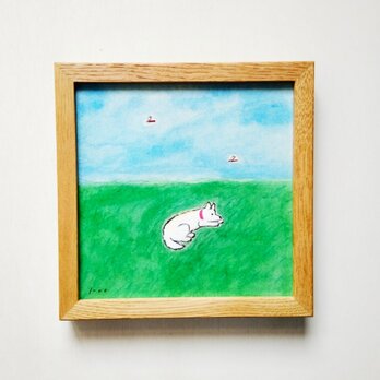 犬イラスト｜原画「原っぱ」 ※木製額縁入り (18×18㎝フレーム）