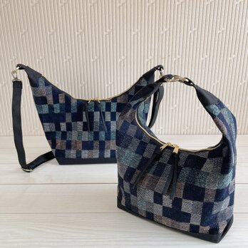 倉敷帆布　岡山デニム　2way　ショルダーバッグ　秋冬　チェック　軽量　自立　ホーボーバッグ　　ボディバッグ
