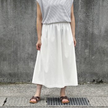 コットンリネン ギャザースカート（ 白 ）オフホワイト リネン 綿 麻 ロング マキシ ポケット