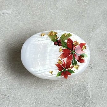 淡水シェルとポインセチアの帯留め　ポニーフック　ブローチ　18k