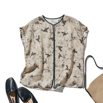 上質で大人デザイントップス　半袖　フレンチスリーブ ブラウス　麻100％　配色シャツ　250807-1