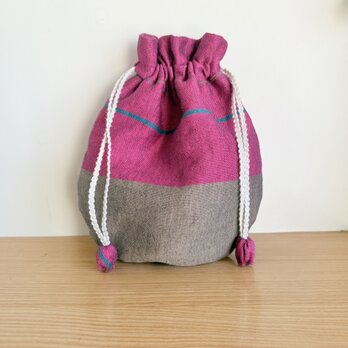 播州織のラウンド巾着袋（ピンク）