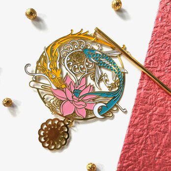 かんざし　ピンクの蓮の花と竜と鯉のフィグリー　一本簪　一本挿し　夏　大きめ　ゴールド　アジアン　水色
