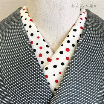 ポリエステルちりめんの半衿  赤黒ドット