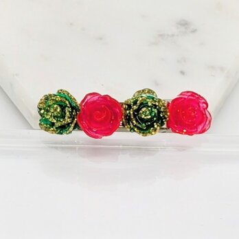 赤と緑の薔薇のヘアバレッタ