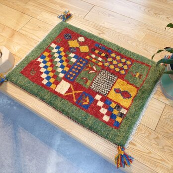 ペルシャ　ギャッベ　玄関マット小　60x42cm　緑色　パネル柄　NN19755G