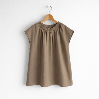 ギャザークルーネック フレンチ袖プルオーバー ブラウス｜オーガニック綿100%ダブルガーゼ_Mocha