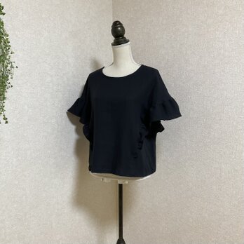 ふわふわコットンWガーゼ ラッフルフリルブラウス　ブラック