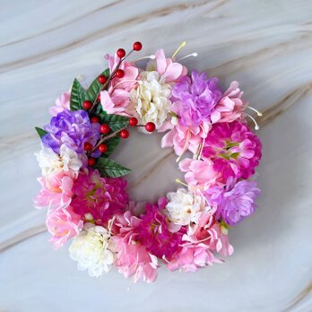 敬老の日の贈り物｜寿ぎ(ことほぎ)の菊リース ｰ紅梅色ｰ 長寿祝い・秋限定　No.112
