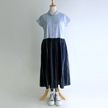 残暑を乗り切るワンピース（国産コットンキャンブリック×播州織サッカー紺ストライプ）受注製作