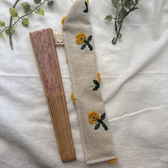 ★ハンドメイド★ ★★ リネン生成りタンポポ刺繍扇子ケース★箸入れ★箸袋★